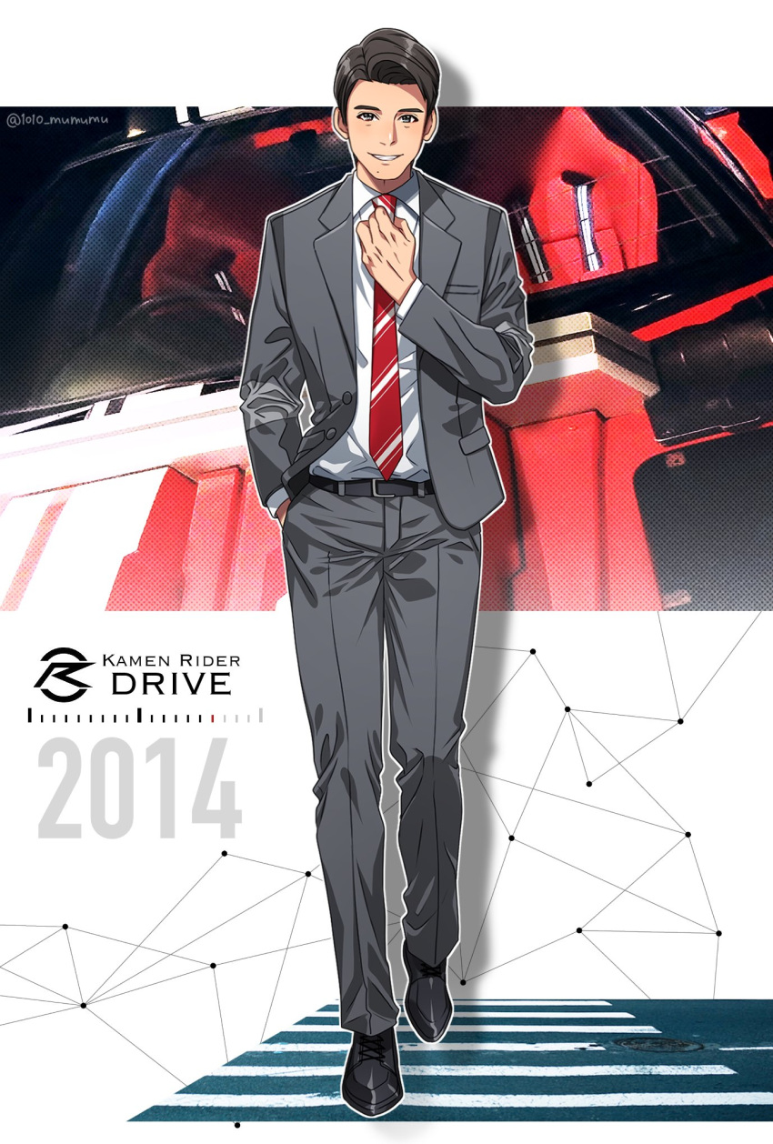 1010_mumumu, 1boy, 2014, adjusting_clothes, adjusting_necktie, animification, belt, black_footwear, black_hair, car, copyright_name, dress_shirt, formal, grey_jacket, grey_pants, highres, jacket, kamen_rider, kamen_rider_drive_(series), motor_vehicle, necktie, pants, photo_background, red_necktie, shirt, suit, tomari_shinnosuke, tridoron, twitter_username, walking