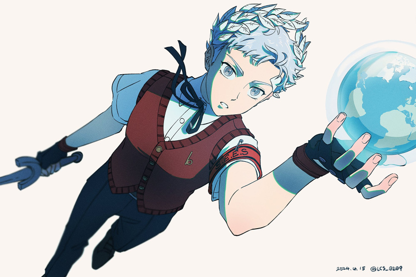 1boy, armband, black_gloves, black_pants, black_ribbon, caesar_(megami_tensei), caesar_(megami_tensei)_(cosplay), collared_shirt