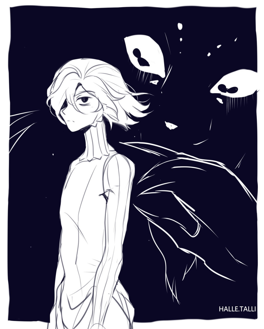 1boy, arms_at_sides, artist_name, blending, cowboy_shot, dungeon_meshi, floating_hair, from_side