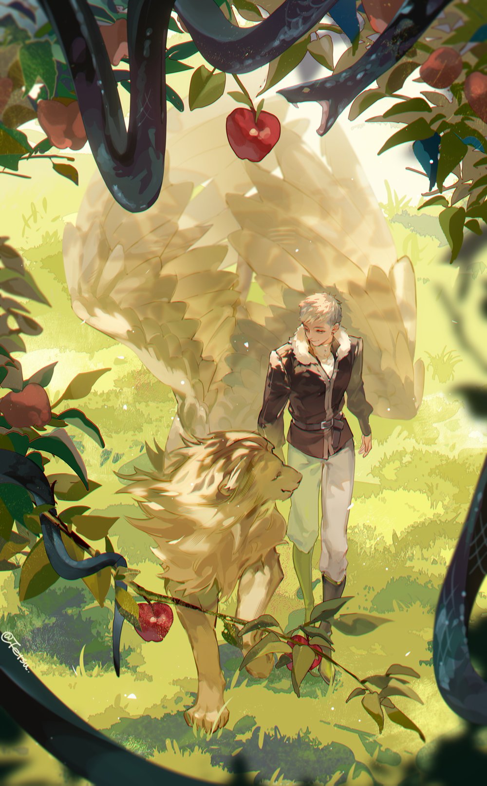 1boy, animal, apple, arms_at_sides, black_jacket, boots, branch, day, dungeon_meshi, feathered_wings, food, from_above, fruit, fruit_tree, fur_trim, grass, grey_hair, highres, jacket, knee_boots, laios_touden, lion, long_sleeves, looking_at_another, looking_to_the_side, male_focus, nature, official_alternate_costume, open_mouth, pants, short_hair, smile, snake, tetsuuut, tree, walking, white_pants, winged_animal, winged_lion_(dungeon_meshi), wings, yellow_wings