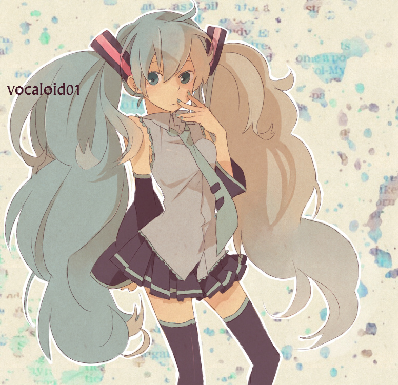aqua_eyes, aqua_hair, detached_sleeves, hatsune_miku, long_hair, necktie, skirt, solo