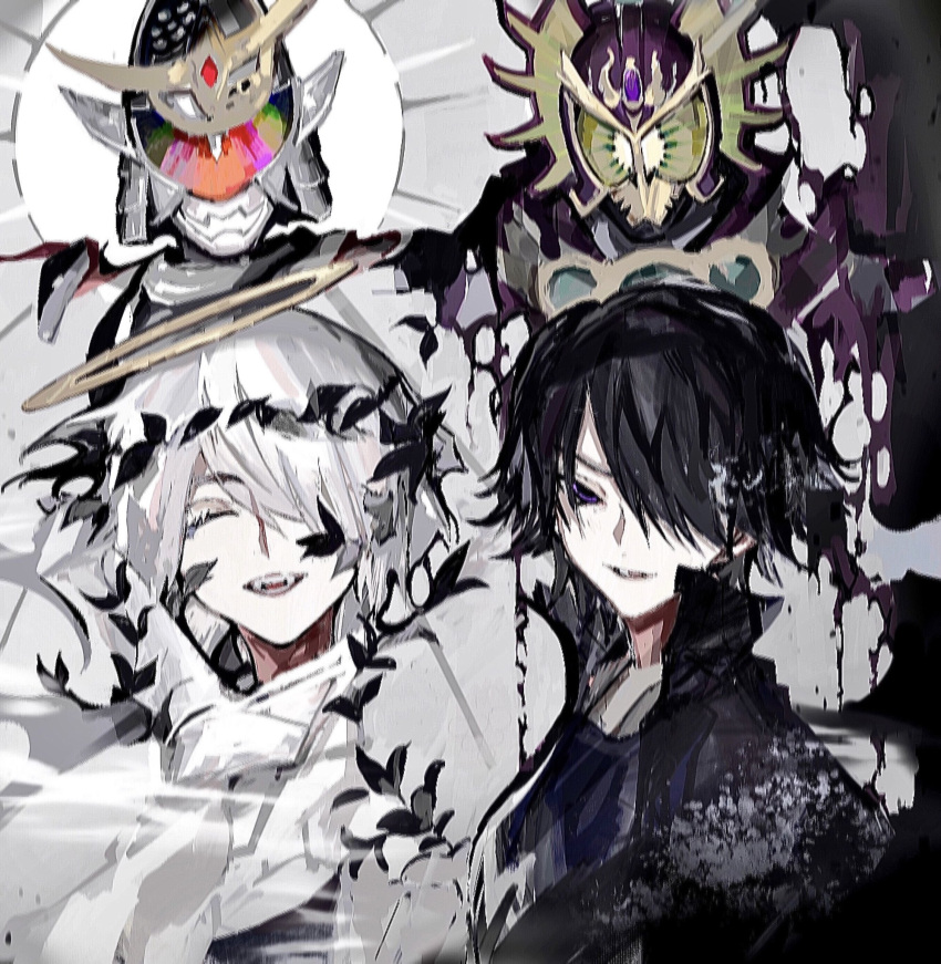 4boys, angel_and_devil, armor, belt, black_cape, black_hair, blonde_hair, cape