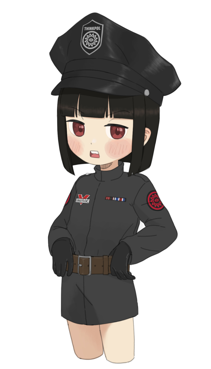 1984_(novel), 1girl, black_cat03, black_dress, black_gloves, black_hair, bob_cut, brown_eyes