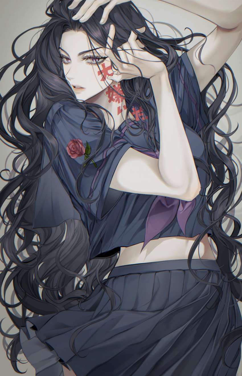 1girl, absurdres, black_shirt, black_skirt, cowboy_shot, diamond_wa_kudakenai, flower, grey_background, grey_eyes, highres, jojo_no_kimyou_na_bouken, long_hair, looking_at_viewer, madengx, messy_hair, midriff, neckerchief, parted_lips, purple_neckerchief, red_flower, red_rose, rose, school_uniform, shirt, skirt, translation_request, very_long_hair, yamagishi_yukako