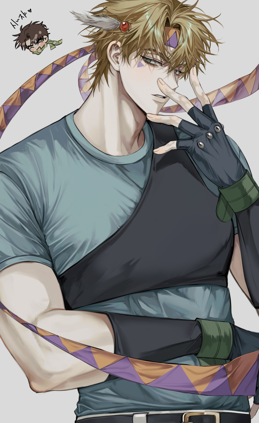 2boys, absurdres, battle_tendency, belt, black_belt, black_gloves, blonde_hair, blue_shirt, brown_hair, caesar_anthonio_zeppeli, eyelashes, fingerless_gloves, gloves, green_eyes, green_wristband, grey_background, headband, highres, jojo_no_kimyou_na_bouken, joseph_joestar, joseph_joestar_(young), looking_at_viewer, madengx, male_focus, multiple_boys, parted_lips, pectorals, shirt, short_hair, t-shirt, triangle_facial_mark