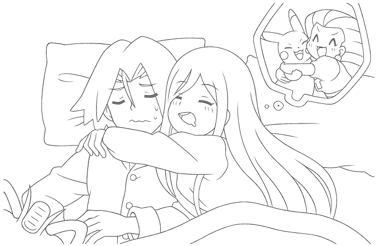 1boy, 1girl, bed, bed_sheet, dreaming, greyscale, hug, james_(pokemon)