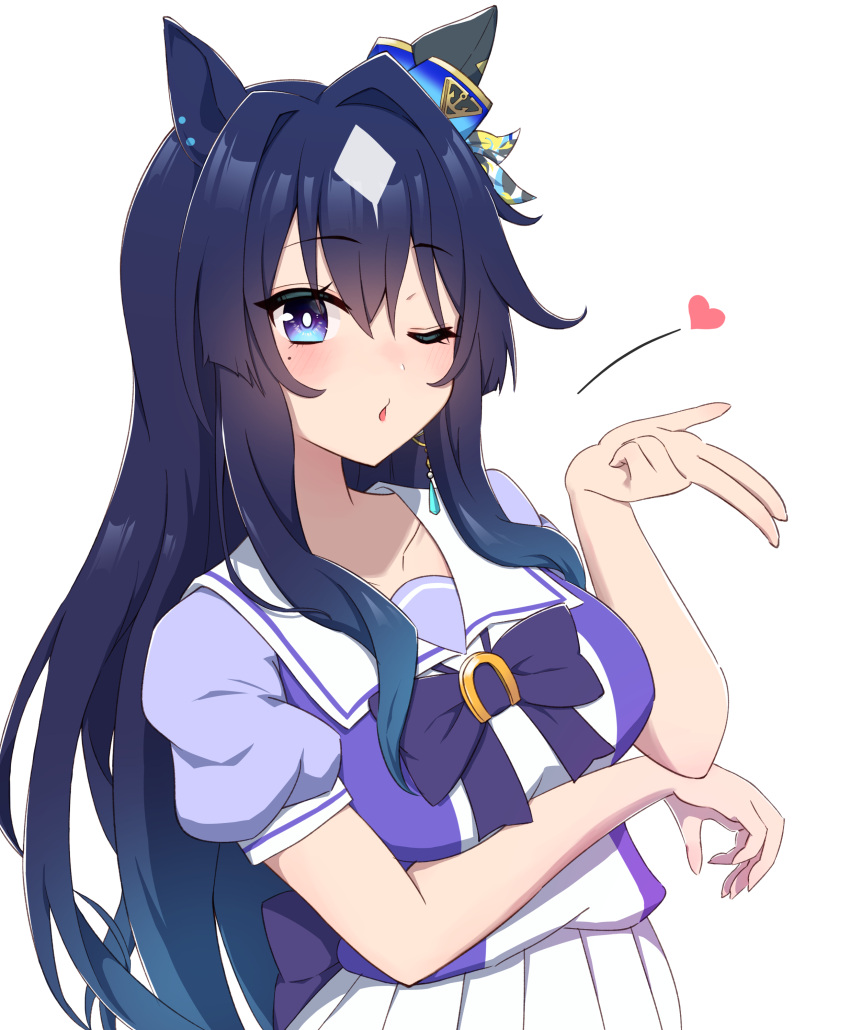 1girl, absurdres, animal_ears, blowing_kiss, blush, breasts, collarbone, earrings