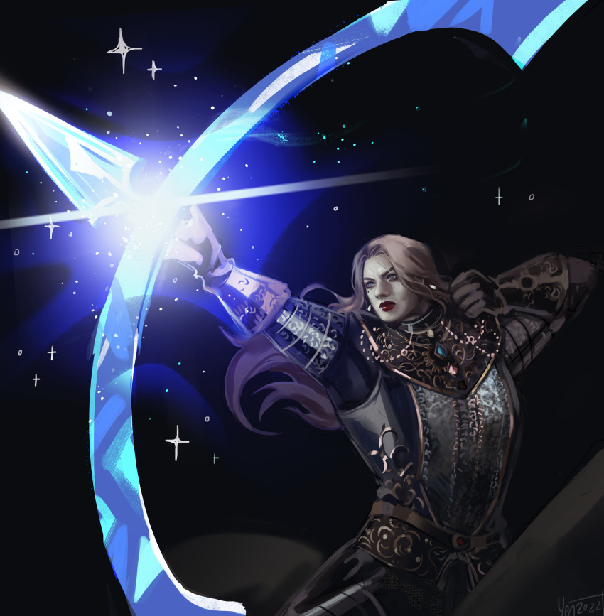 1girl, absurdres, armor, arrow_(projectile), blonde_hair, blue_gemstone, bow_(weapon), commentary
