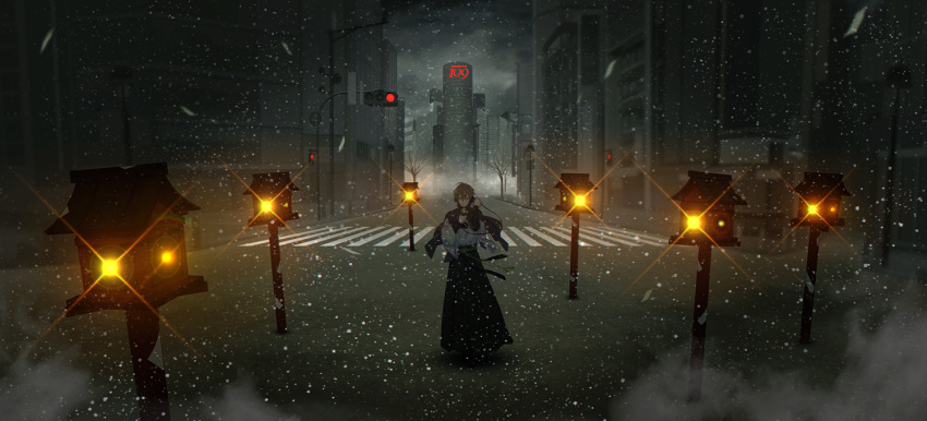 1boy, antique_phone, bare_tree, black_cape, black_hakama, black_shirt, brown_hair, building