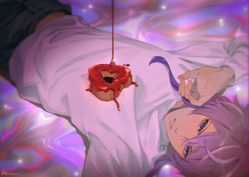 1boy, abstract_background, amemura_ramuda, black_pants, blue_eyes, commentary, cowboy_shot, doughnut