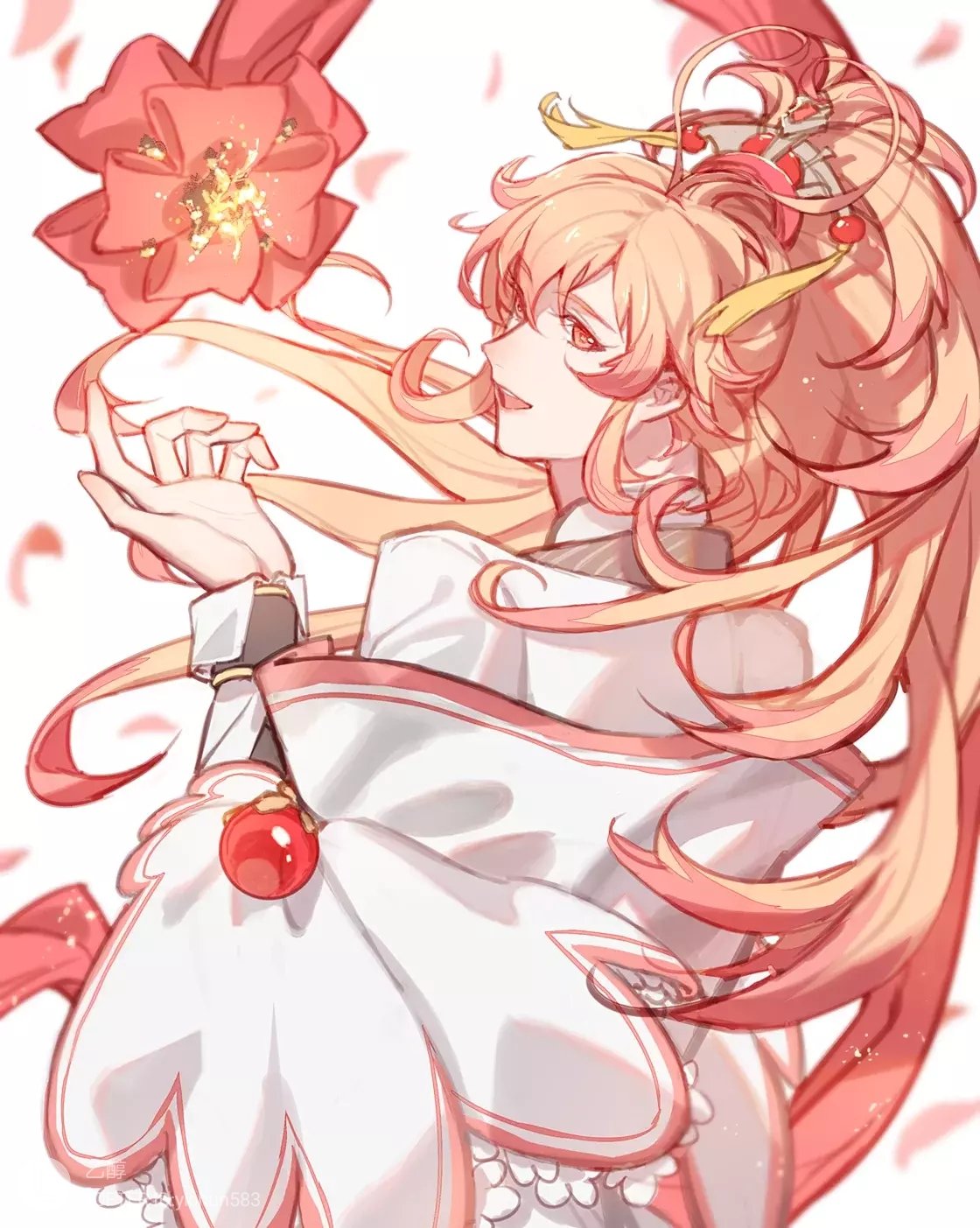 1boy, :d, antenna_hair, chinese_clothes, cloak, colored_tips, falling_petals, frills