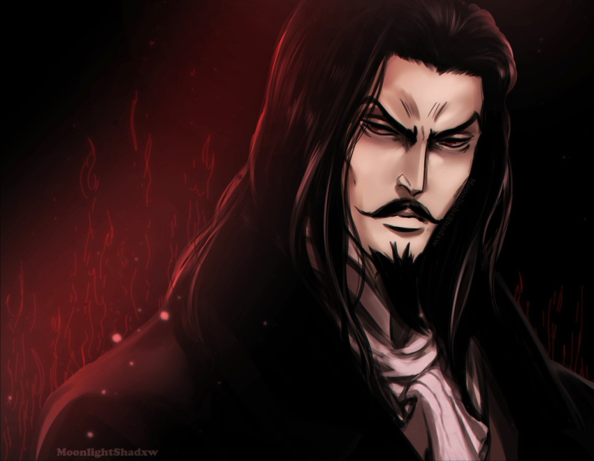 1boy, artist_name, ascot, aura, black_background, black_coat, black_hair, castlevania_(series)
