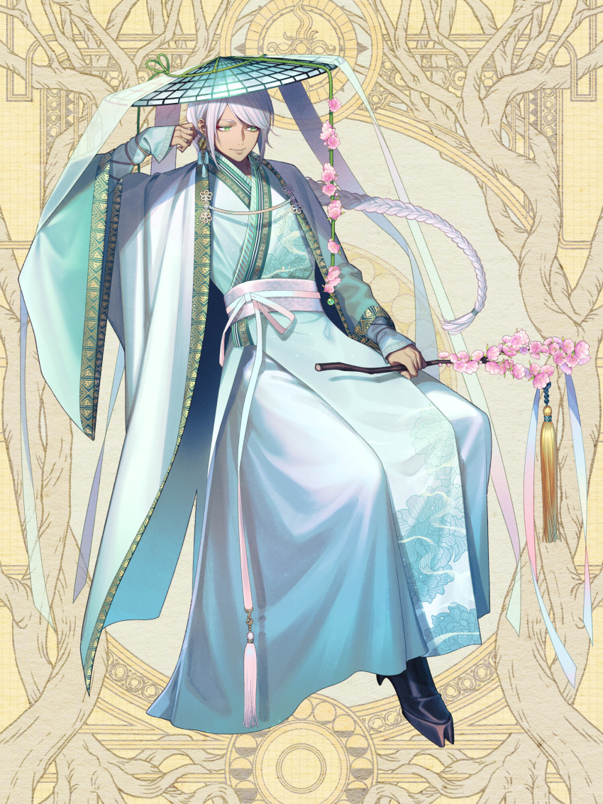 1boy, ajirogasa, amano_tae, aqua_robe, black_footwear, boots, braid, branch