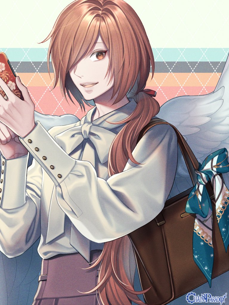 1boy, a_hubert, angel_wings, argyle_background, bag, blue_bow, bow, bowtie