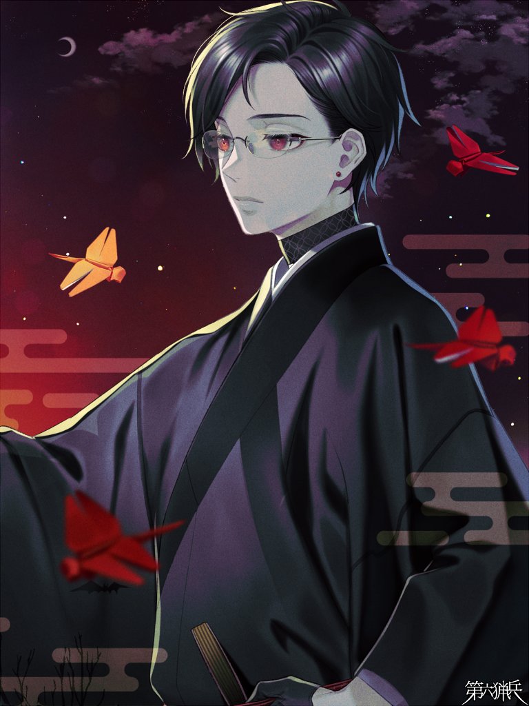 1boy, animal_print, bat_print, black_gloves, black_hair, black_kimono, black_shirt, bug