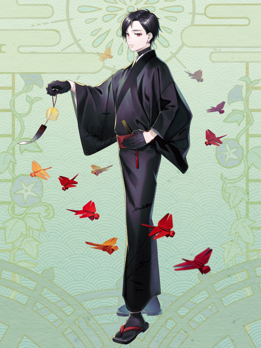 1boy, animal_print, asa_no_ha_(pattern), bat_print, black_footwear, black_gloves, black_hair, black_kimono