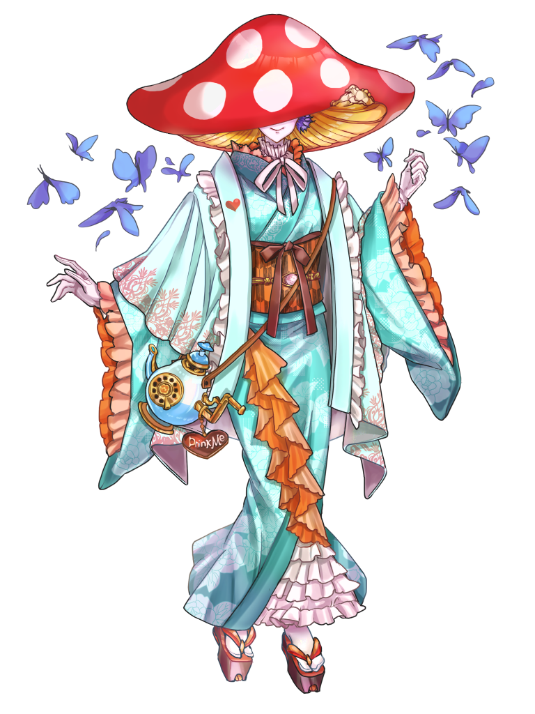 1girl, blue_butterfly, blue_kimono, bug, butterfly, dairoku_ryouhei, drink_me, facing_viewer