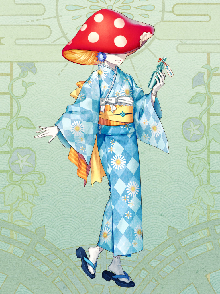 1girl, argyle_clothes, argyle_kimono, blue_kimono, covered_eyes, dairoku_ryouhei, floral_print, full_body