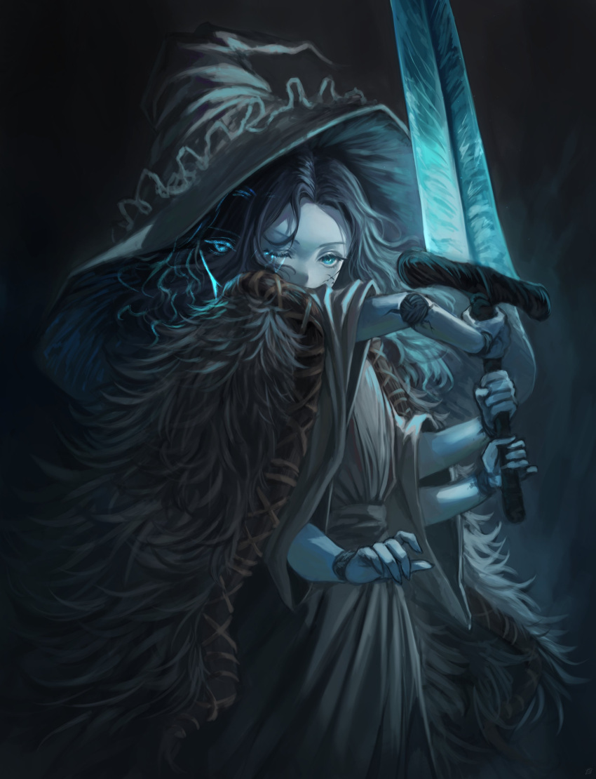 1girl, absurdres, alicetarrandalf, black_hair, blue_eyes, blue_skin, cloak, colored_skin