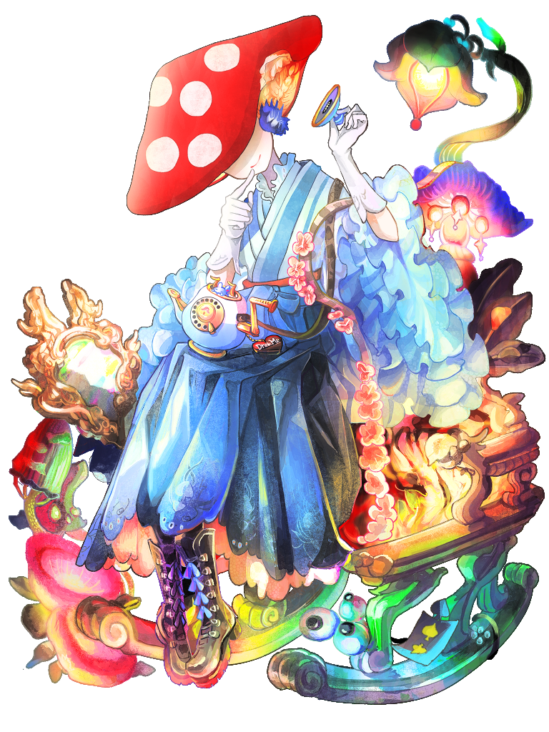 1girl, black_footwear, blue_dress, chair, cross-laced_footwear, dairoku_ryouhei, dress, drink_me