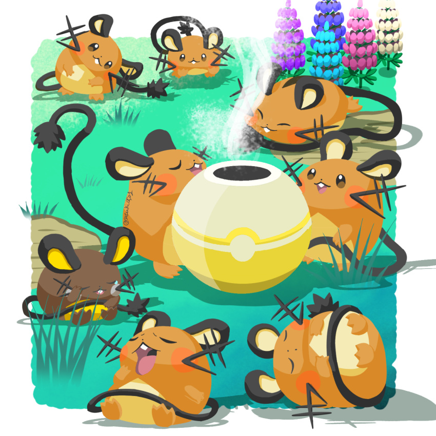 alternate_color, animal_focus, border, closed_eyes, closed_mouth, commentary_request, dedenne, fang, fang_out, flower, grass, highres, lying, no_humans, pokemon, pokemon_(creature), satsuki_(pixiv44579273), shiny_pokemon, sleeping, white_border