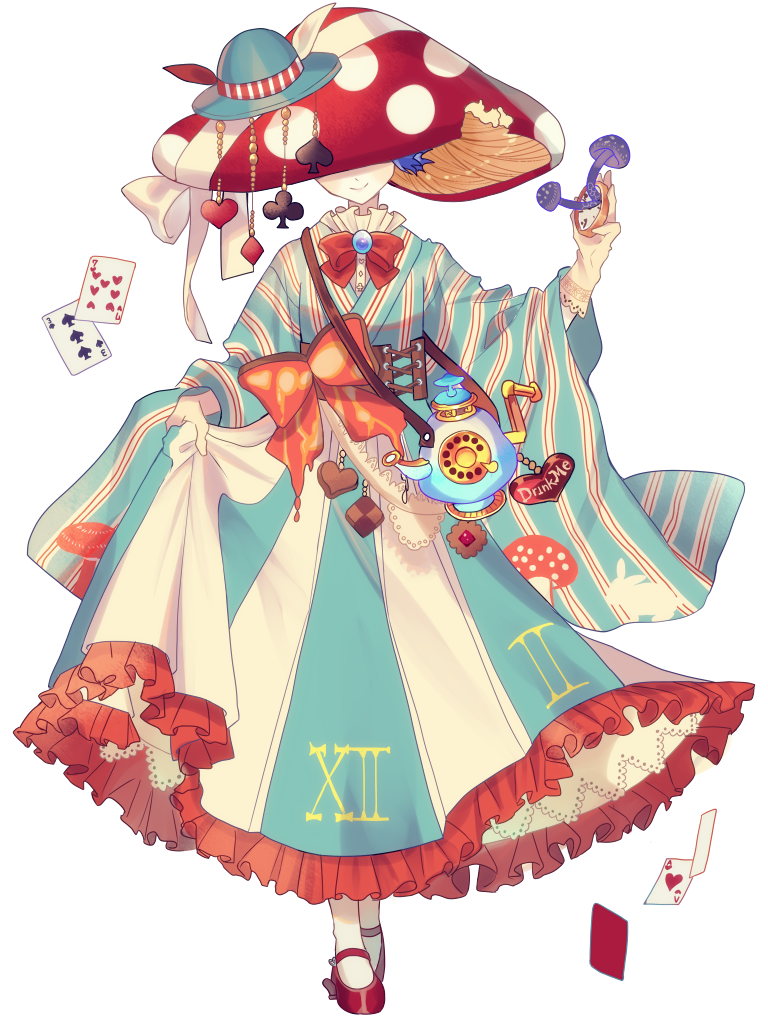 1girl, bow, card, checkerboard_cookie, club_(shape), cookie, dairoku_ryouhei, diamond_(shape), dress, drink_me, food, full_body, hat, heart, holding, holding_clothes, holding_skirt, mushroom, mushroom_hat, otogawa_(tw), petit_grande, playing_card, pocket_watch, red_bow, red_footwear, ribbon, skirt, smile, socks, spade_(shape), standing, striped_clothes, striped_dress, teapot, watch, white_ribbon, white_socks, wide_sleeves