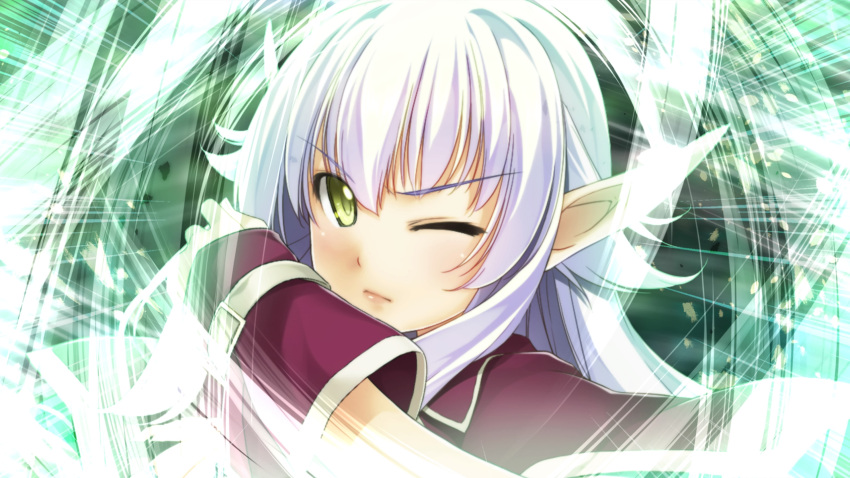 1girl, atelier-moo, dark_elf, elf, hair_between_eyes, highres, long_hair, long_pointy_ears, magic, one_eye_closed, open_mouth, pointy_ears, purple_hair, sidelocks, silvia_milsteen, solo, teeth, upper_body, upper_teeth_only, v-shaped_eyebrows, very_long_hair, wind, wizards_symphony, yellow_eyes