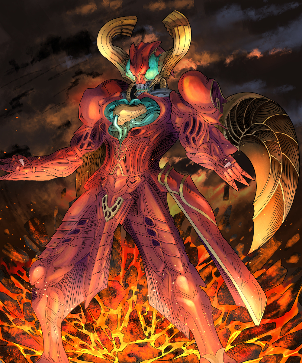 blue_eyes, clenched_hands, commentary_request, heart_roidmude, highres, horns, kamen_rider, kamen_rider_drive_(series), lava, monster, no_eyes, no_humans, smoke, solo, standing, teeth, tsubasansan