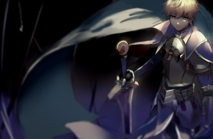 1boy, absurdres, armor, arthur_pendragon_(fate), blonde_hair, blue_cape, blurry, breastplate