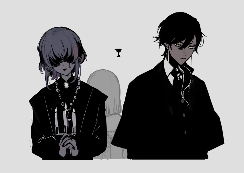1boy, 2girls, 7wata_himori, black_coat, black_lips, candelabra, candlestand, closed_mouth