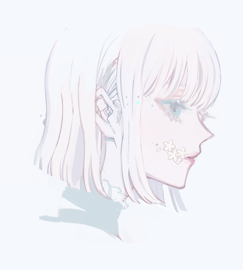 1girl, 7wata_himori, blue_eyes, closed_mouth, expressionless, fate/prototype, fate/prototype:_fragments_of_blue_and_silver, fate_(series), flower, highres, pink_lips, profile, sajou_manaka, short_hair, simple_background, solo, white_background, white_hair