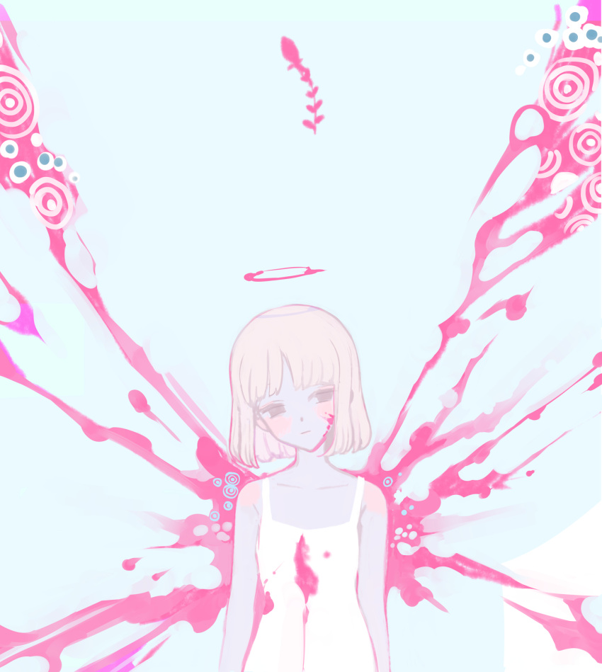 1girl, 7wata_himori, blonde_hair, blood, blood_on_clothes, blood_splatter, blood_wings, brown_eyes