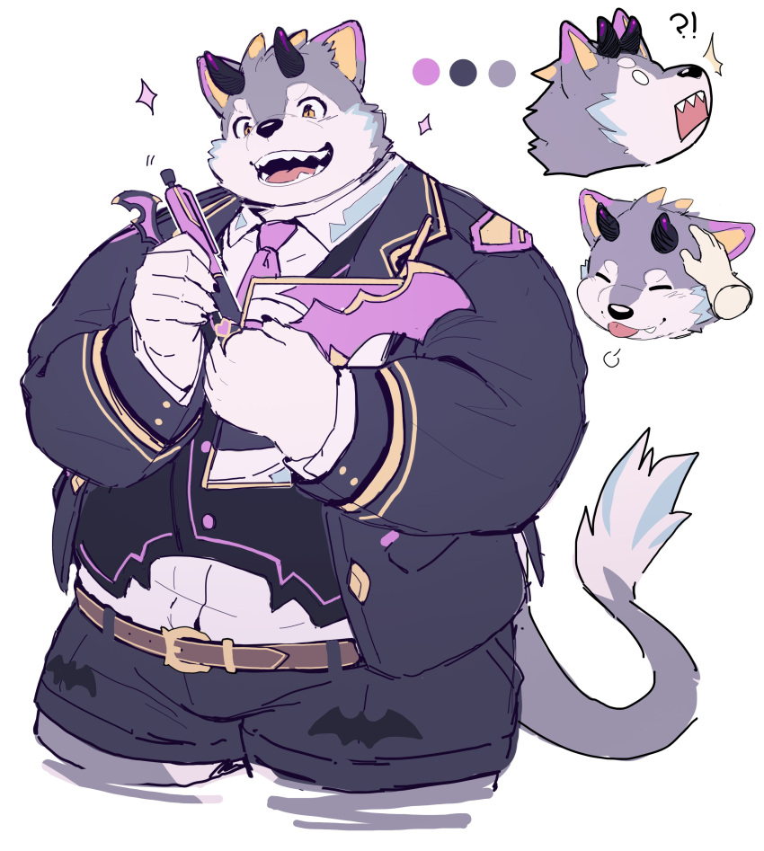 !?, 1boy, ^^^, absurdres, animal_ears, bat_wings, belphegor_(housamo), belt, book, closed_eyes, color_guide, cropped_legs, demon_horns, dog_boy, dog_ears, dog_tail, fat, furry, furry_male, gold_trim, headpat, highres, holding, holding_book, holding_pen, horns, inset, jacket, looking_at_viewer, male_focus, necktie, o_o, open_mouth, pen, pink_necktie, sharp_teeth, shirt, simple_background, sketch, solo, sparkle, tail, teeth, thick_eyebrows, tokyo_afterschool_summoners, tongue, tongue_out, vest, white_background, white_shirt, wings, yed_(yedsilent)