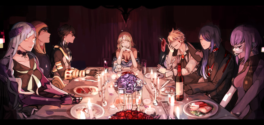 3girls, 4boys, 7wata_himori, arash_(fate), armor, black_dress, black_hair, black_robe