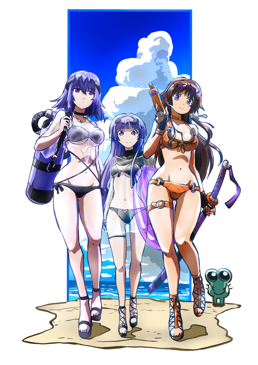3girls, beach, beta_(muv-luv), bikini, clouds, cryska_barchenowa, hammer_and_sickle_bikini, highres