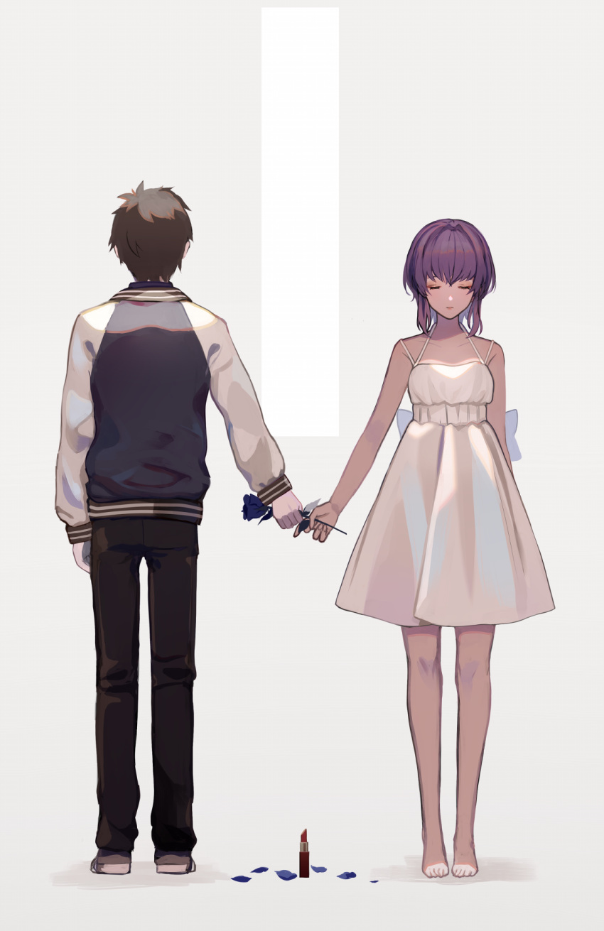 1boy, 1girl, 7wata_himori, back, barefoot, blue_flower, brown_hair, brown_pants, closed_eyes, closed_mouth, cosmetics, dark-skinned_female, dark_skin, dress, fate/prototype, fate/prototype:_fragments_of_blue_and_silver, fate_(series), flower, full_body, grey_jacket, hassan_of_serenity_(fate), highres, jacket, kitano_tatsumi, lipstick_tube, long_sleeves, multicolored_clothes, multicolored_jacket, pants, purple_hair, short_hair, simple_background, two-tone_jacket, white_dress