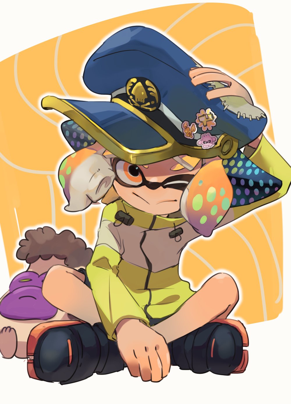 1girl, :>, agent_4_(splatoon), black_footwear, black_shorts, blue_hat, charm_(object), closed_mouth
