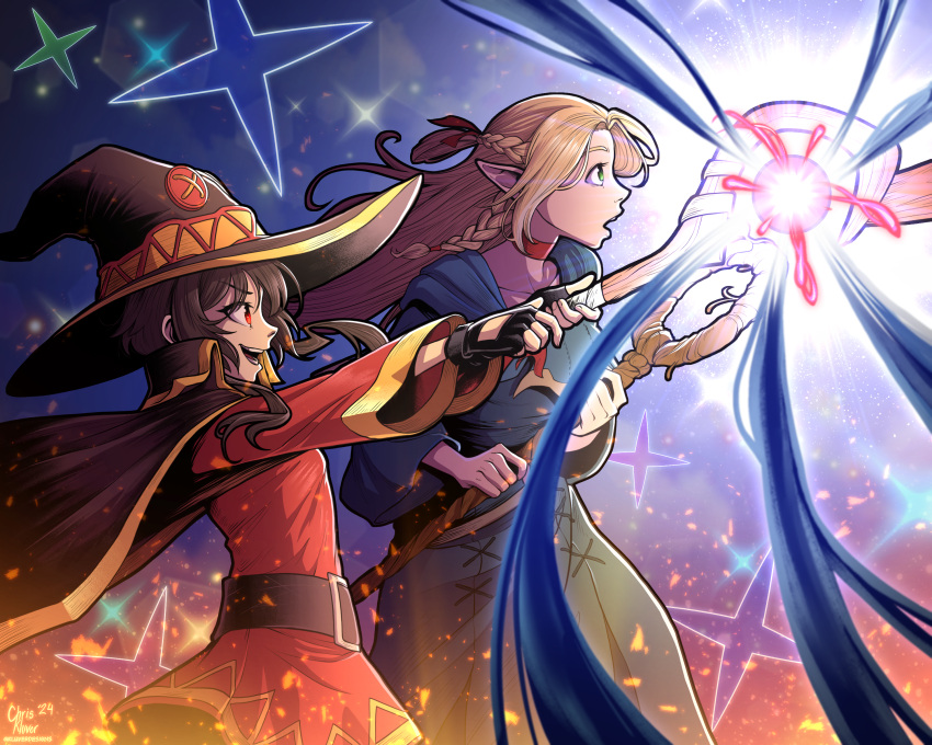 2girls, absurdres, artist_name, belt, black_cape, black_gloves, black_hair, blonde_hair