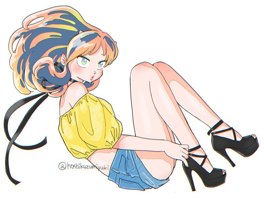 1girl, absurdres, alternate_costume, artist_name, bare_shoulders, black_choker, black_footwear, black_ribbon, blue_shorts, choker, commentary, cone_horns, cropped_shirt, denim, denim_shorts, detached_sleeves, full_body, gradient_hair, hair_ribbon, high_heels, highres, horns, knees_up, long_hair, looking_to_the_side, lum, midriff, miyuki_(hoshikuzumiyuki), multicolored_hair, off-shoulder_shirt, off_shoulder, pointy_ears, puffy_short_sleeves, puffy_sleeves, ribbon, shirt, short_sleeves, shorts, solo, symbol-only_commentary, urusei_yatsura, white_shirt