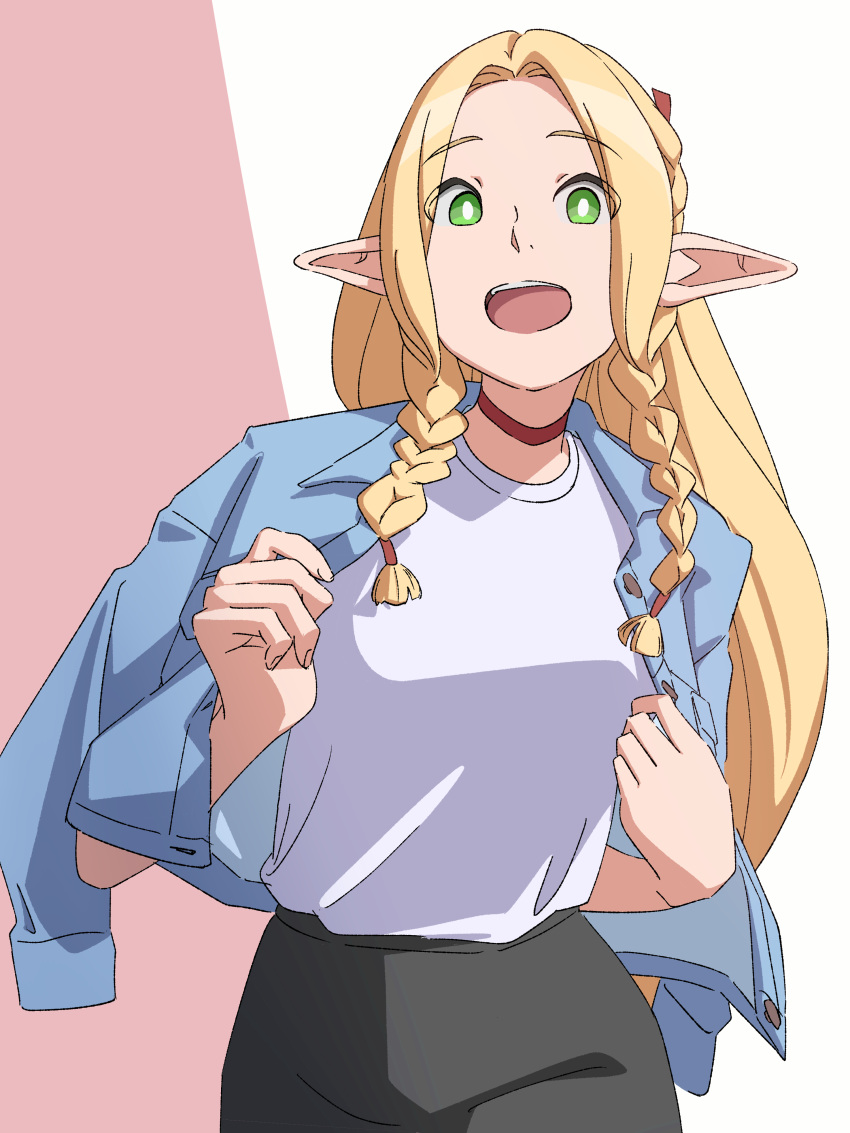 1girl, absurdres, alternate_costume, black_pants, blonde_hair, blue_jacket, braided_sidelock, choker