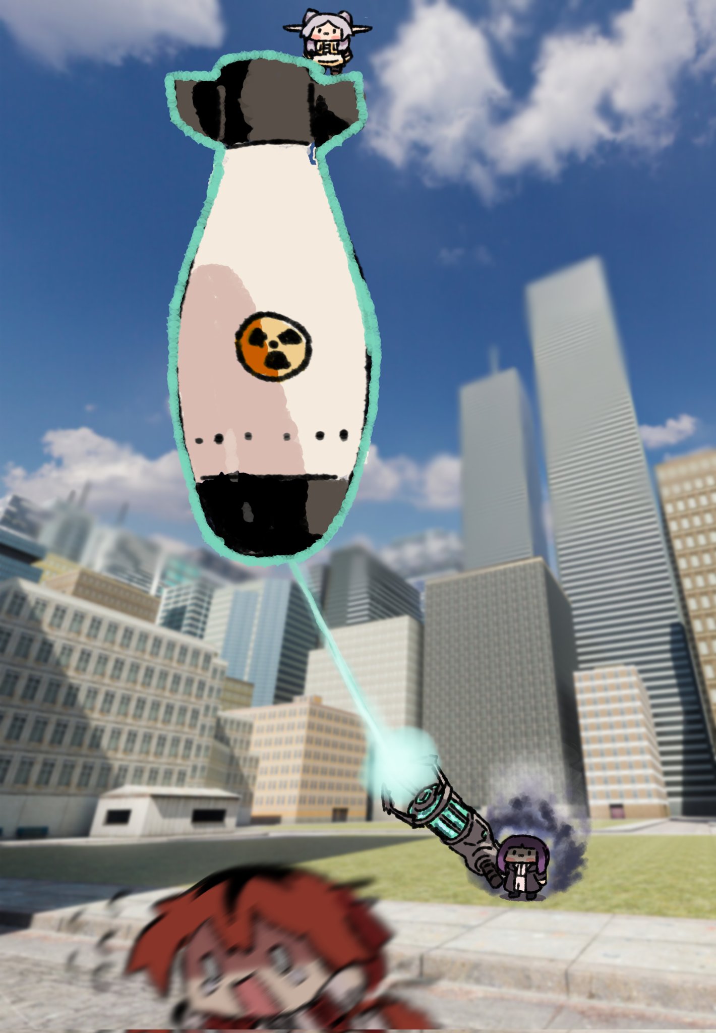 1boy, 1girl, black_coat, blunt_bangs, building, chibi, city, cityscape