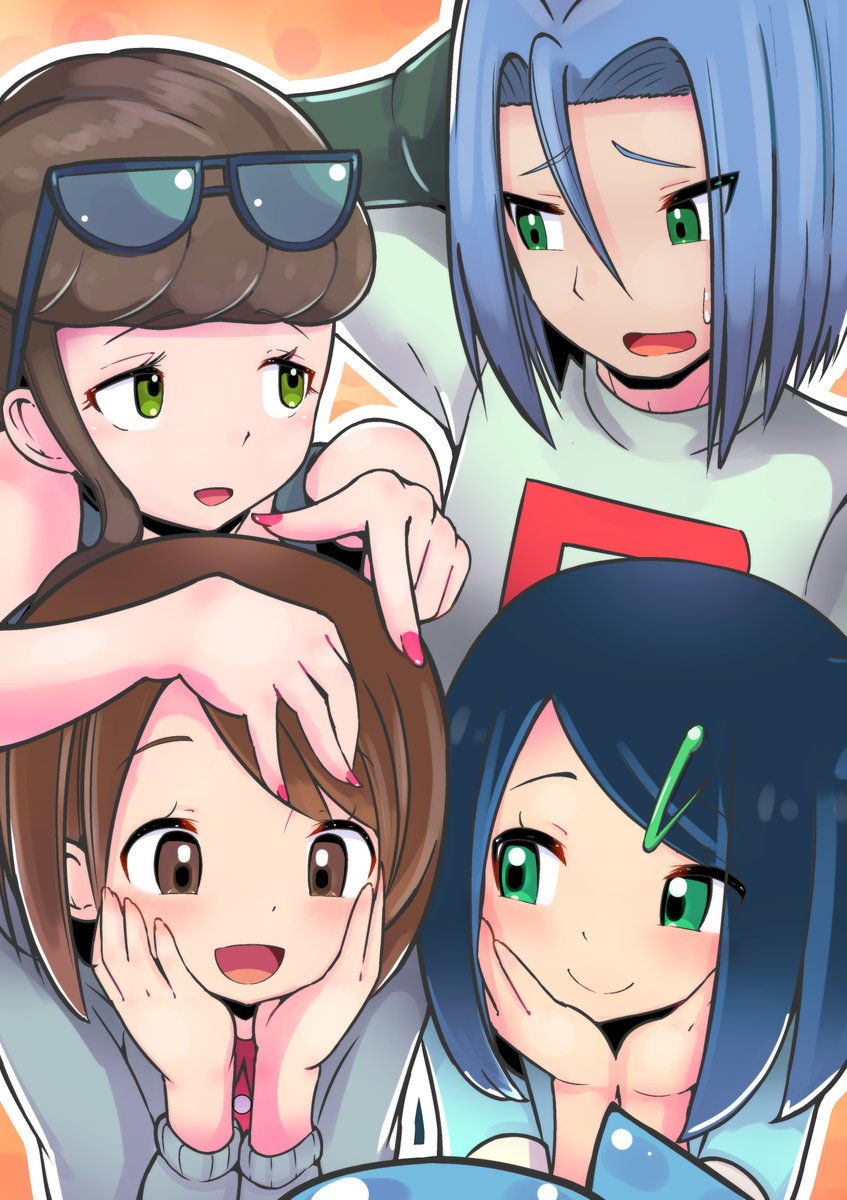1boy, 3girls, black_hair, blue_hair, brown_hair, commission, embarrassed, glasses, gloria_(pokemon), green_eyes, happy, highres, james_(pokemon), liko_(pokemon), looking_at_another, looking_down, mellow_yellow_(my_kakukaku), multiple_girls, nail_polish, open_mouth, orange_background, pokemon, pokemon_(anime), sweatdrop, wobbuffet