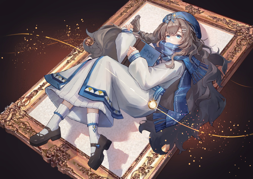 1girl, ankle_socks, beret, black_footwear, blue_eyes, blue_hat, blue_scarf, book