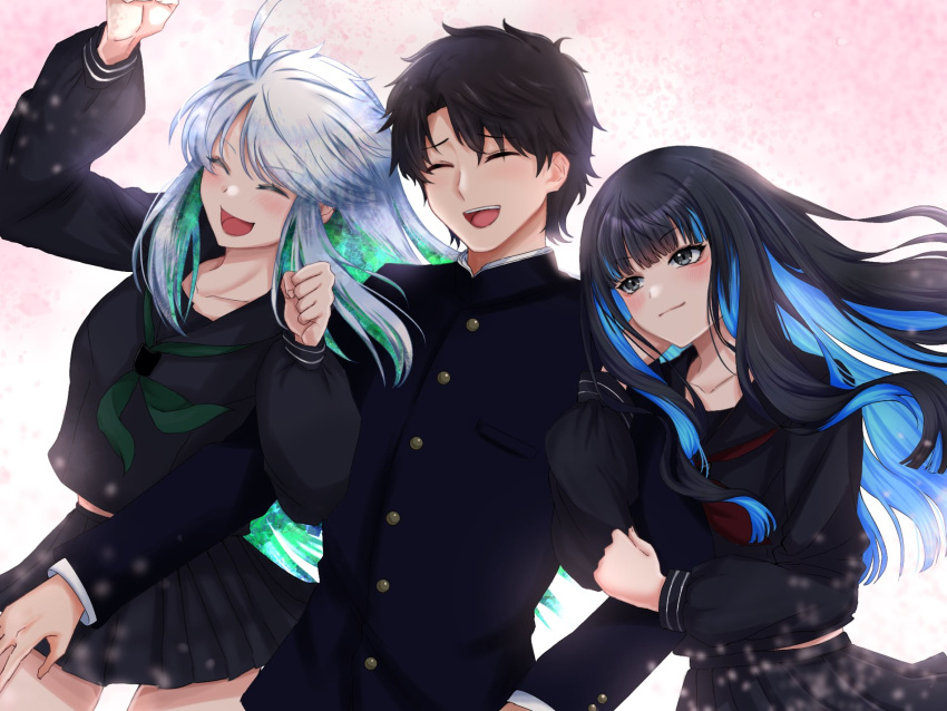 1boy, 2girls, black_hair, blue_hair, closed_eyes, colored_inner_hair, fate/grand_order, fate_(series)