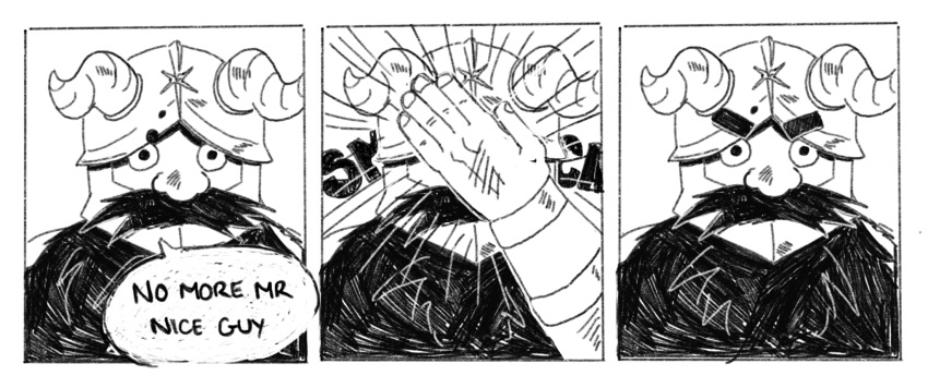 1boy, auro-cyanide, beard, dungeon_meshi, dwarf, emphasis_lines, english_text, facial_hair, fake_eyebrows, fake_horns, greyscale, helmet, highres, horned_helmet, horns, long_beard, male_focus, monochrome, senshi_(dungeon_meshi), sequential, speech_bubble, thick_mustache, very_long_beard