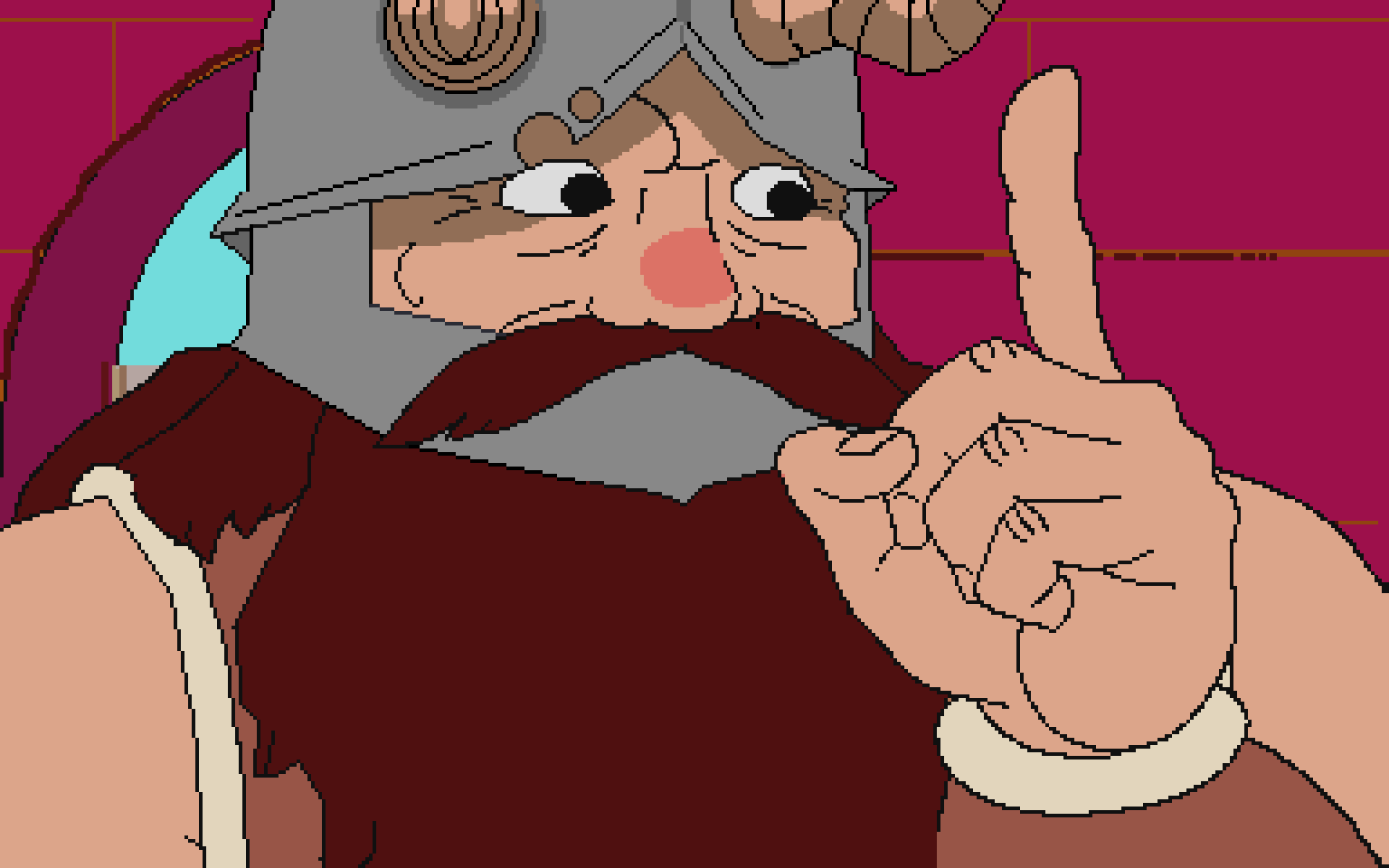 1boy, beard, brown_hair, dungeon_meshi, dwarf, facial_hair, fake_horns, frown, helmet, horned_helmet, horns, index_finger_raised, knuckle_hair, lemon_bread_(lemmyo), link:_the_faces_of_evil, long_beard, looking_ahead, male_focus, parody, pixel_art, red_nose, senshi_(dungeon_meshi), solo, the_legend_of_zelda, the_legend_of_zelda_(cd-i), thick_mustache, upper_body, very_long_beard, wrinkled_skin