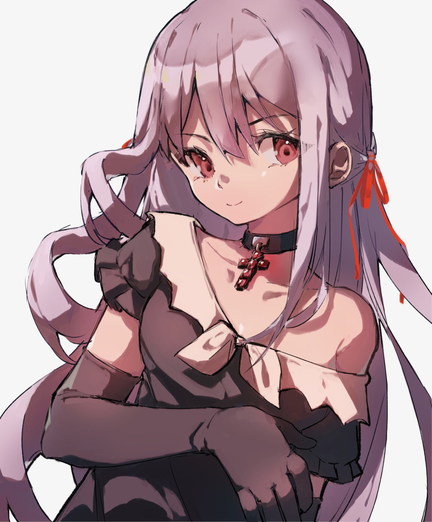 1girl, black_dress, black_gloves, breasts, choker, cross, cross_choker, dress