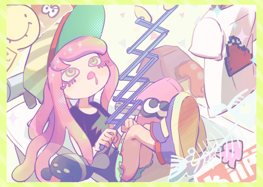 1girl, aqua_skirt, baseball_cap, black_shirt, clownfish, colored_eyelashes, d:, drooling, eyelashes, fish, green_eyes, harmony's_clownfish_(splatoon), harmony_(splatoon), hat, koike3582, long_hair, long_shirt, looking_up, miniskirt, multicolored_footwear, no_nose, open_mouth, pink_hair, shirt, shoes, short_sleeves, sitting, skirt, solo, splatoon_(series), striped_clothes, striped_headwear, tentacle_hair