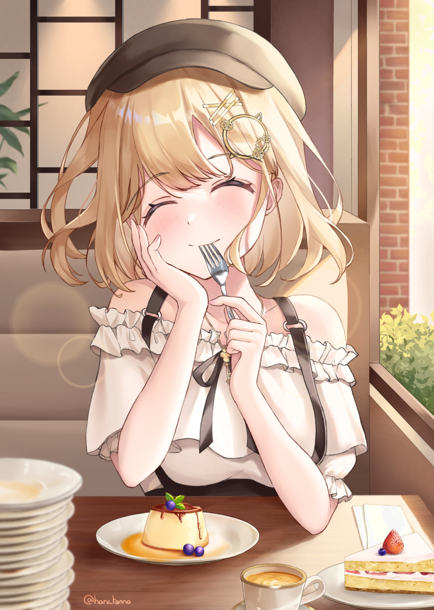 1girl, ^_^, absurdres, artist_name, bare_shoulders, black_ribbon, blonde_hair, blueberry, brooch, brown_hat, bush, cabbie_hat, cheesecake, closed_eyes, coffee_mug, collarbone, cup, dot_nose, eating, elbow_rest, floating_hair, food, fork, frilled_shirt, frills, fruit, gold_necklace, hand_on_own_cheek, hand_on_own_face, harukix, hat, highres, holding, holding_fork, hololive, hololive_english, indoors, jewelry, key, key_necklace, lens_flare, light_blush, medium_hair, monocle, mug, necklace, off-shoulder_shirt, off_shoulder, pudding, restaurant, ribbon, shirt, short_sleeves, sitting, smile, strawberry, suspenders, table, unworn_eyewear, upper_body, virtual_youtuber, watson_amelia, watson_amelia_(street_casual), white_shirt, window