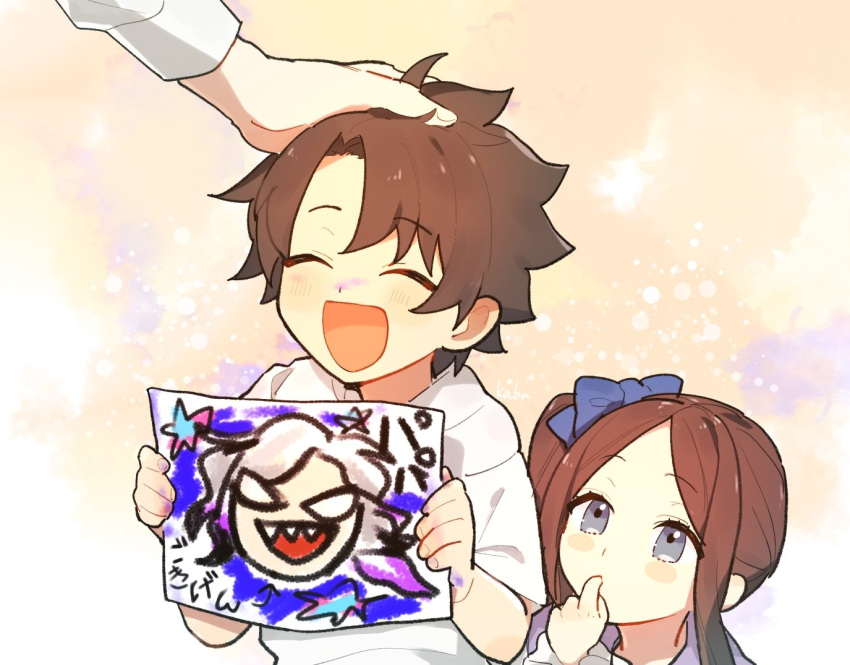 1boy, 1girl, aged_down, black_hair, blue_eyes, blush_stickers, brown_hair, child's_drawing